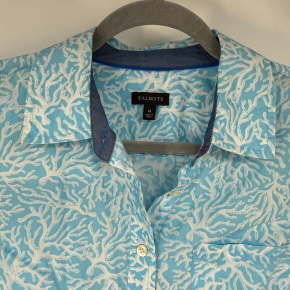 Talbots Shirt Women M Blue White Coral Reef Print Button Up Roll-tab Long Sleeve - Picture 3 of 10